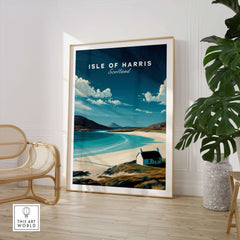 Isle of Harris Scotland Beach House Seascape Poster - Remote Scottish Isle Print displayed in a stylish interior.