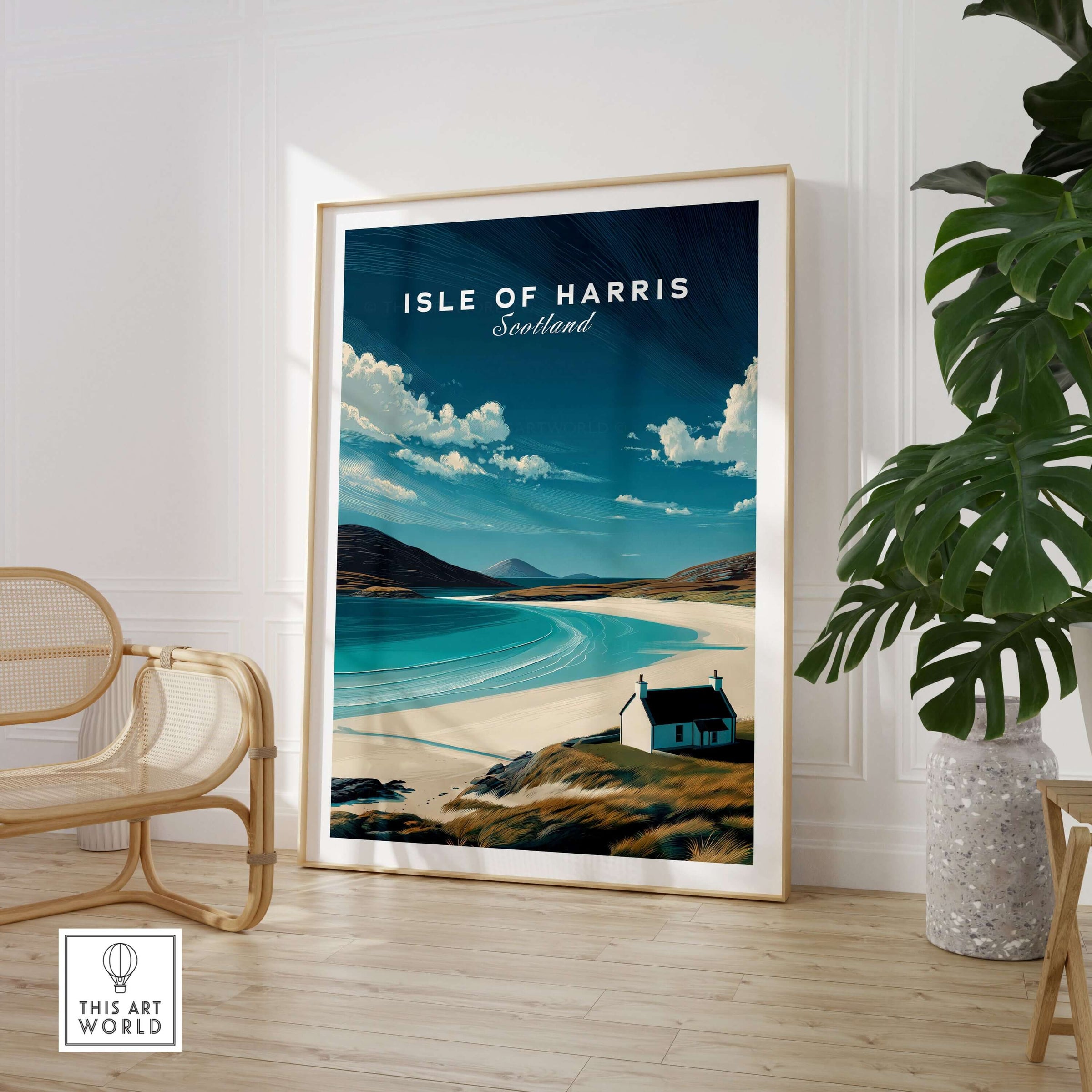 Isle of Harris Scotland Beach House Seascape Poster - Remote Scottish Isle Print displayed in a stylish interior.