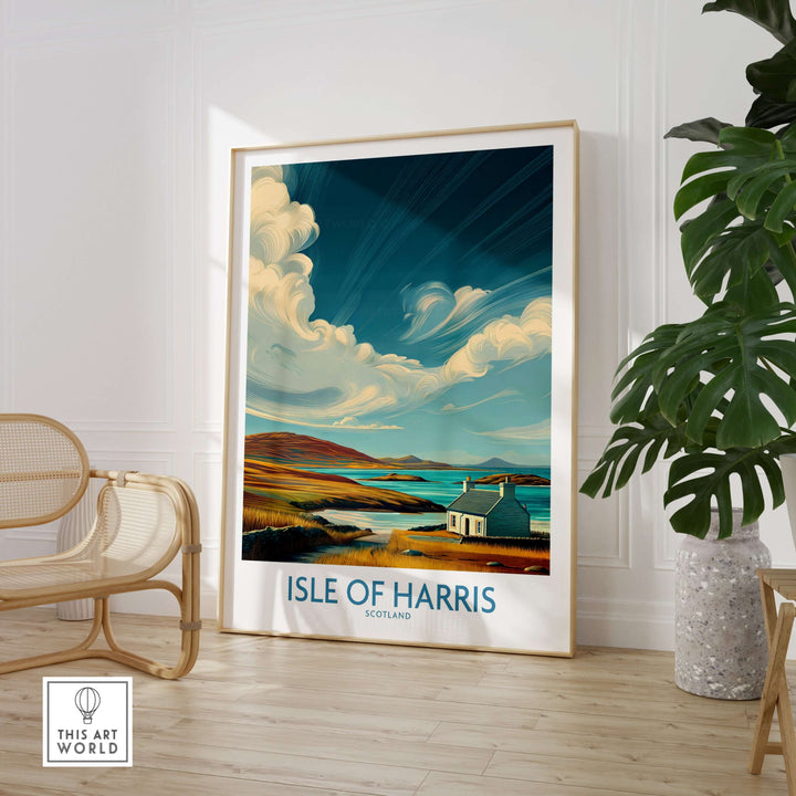 Isle of Harris poster showcasing dramatic sky and seascape, perfect for Scottish island travel decor.