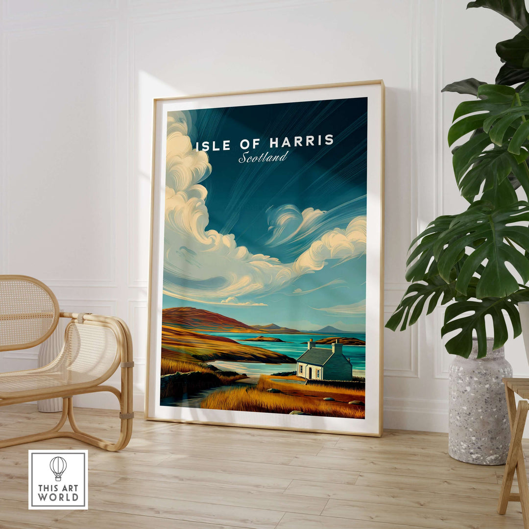 Isle of Harris print featuring a coastal cottage and rolling hills, showcasing Scotland’s serene landscape in a stylish interior setting.