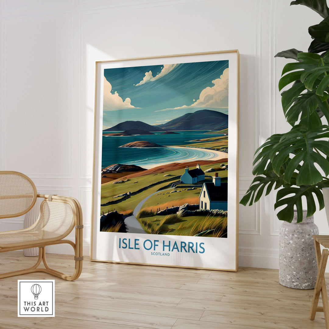 Isle of Harris poster showcasing scenic Hebridean landscape, remote Scottish island artwork in a stylish interior.