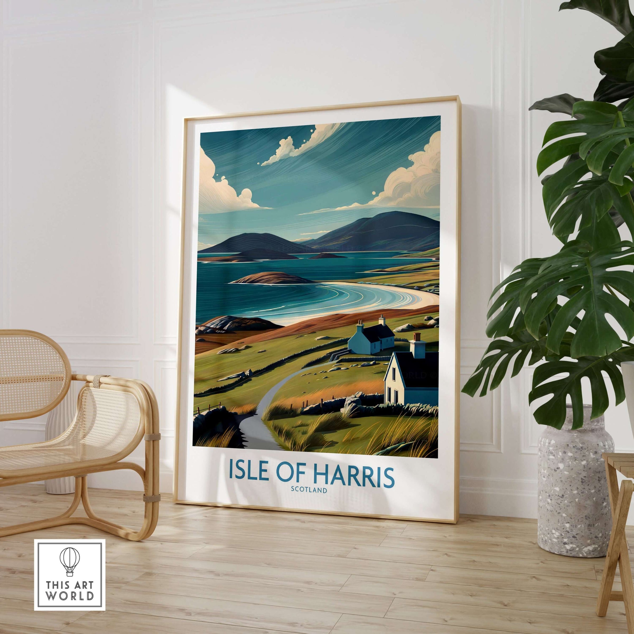Isle of Harris Scotland Hebridean Landscape Poster - Remote Scottish Island Artwork displayed in a stylish interior setting.