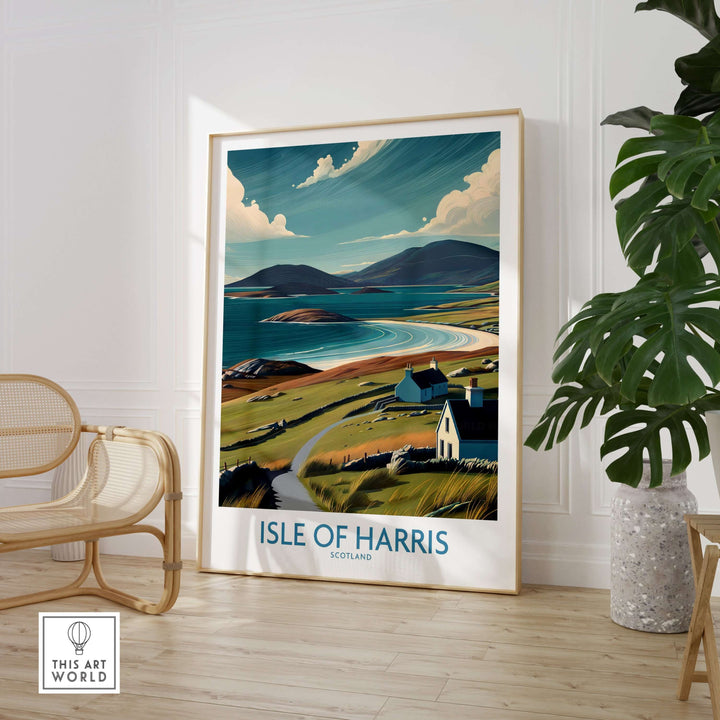 Isle of Harris poster showcasing scenic Hebridean landscape, remote Scottish island artwork in a stylish interior.