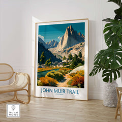 John Muir Trail California Alpine Valley Poster - Yosemite National Park Print displayed in a cozy interior setting.