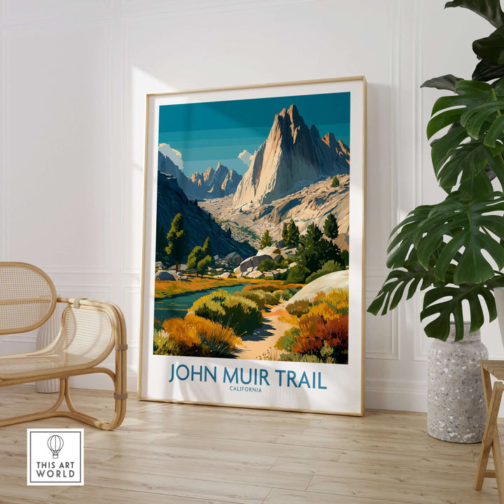 John Muir Trail California Alpine Valley poster showcasing Yosemite National Park's stunning landscapes in a modern decor setting.