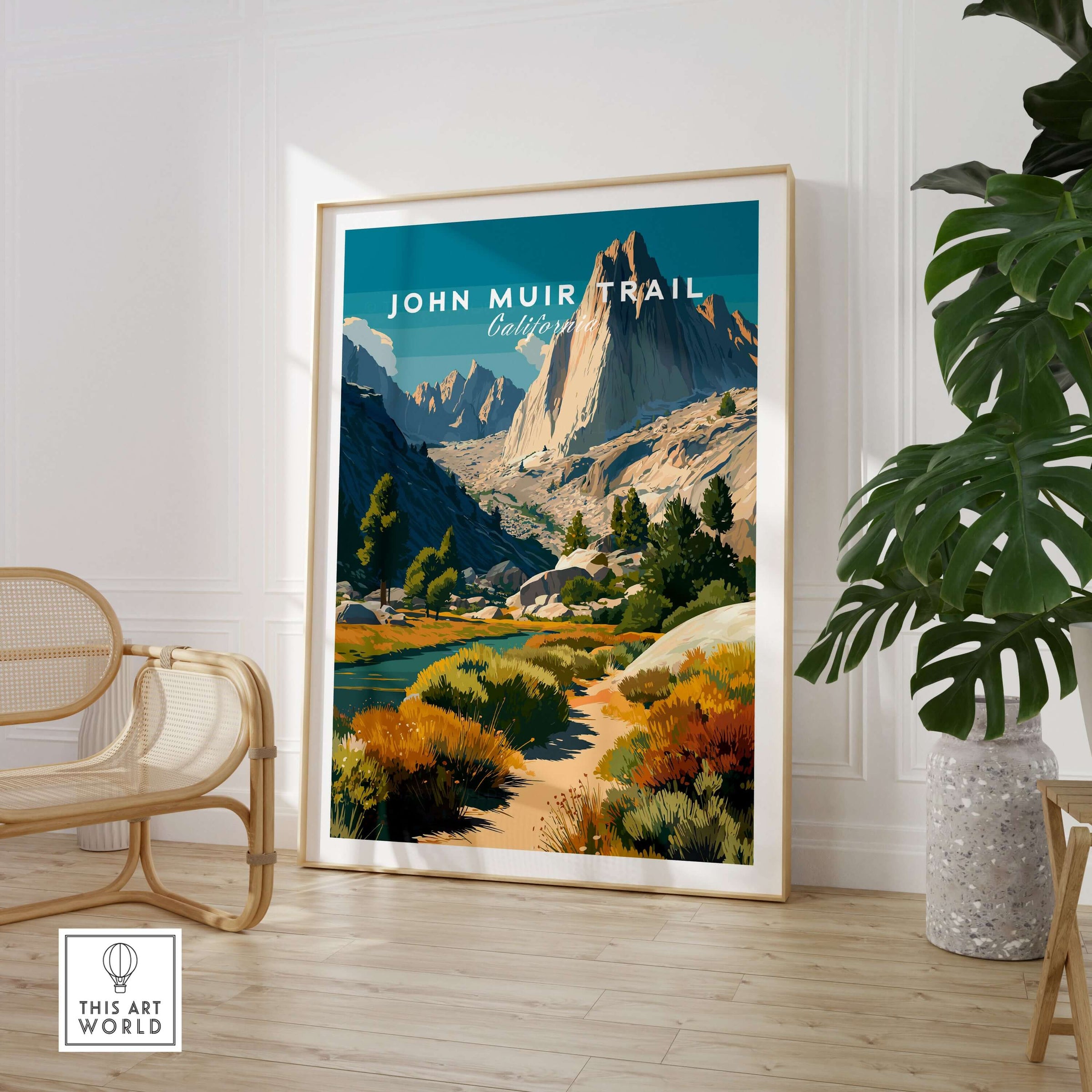 John Muir Trail California Sierra Nevada Mountain Print - Wilderness Hiking Wall Art displayed in a home setting.