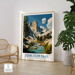 John Muir Trail California Mountain River Poster - California Hiking Trail Print showcasing a scenic river and mountains.
