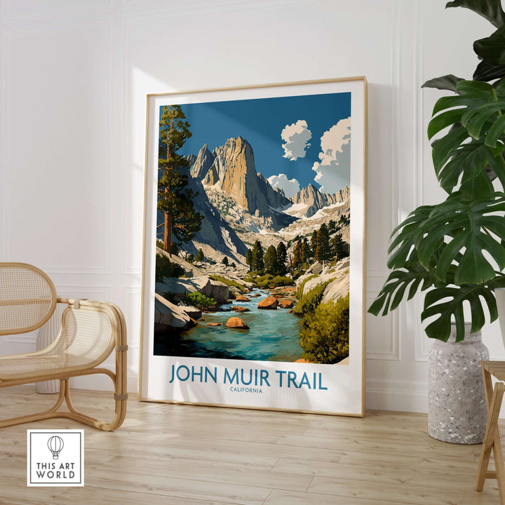 John Muir Trail poster featuring a serene mountain river and rugged California landscapes, perfect for nature lovers.