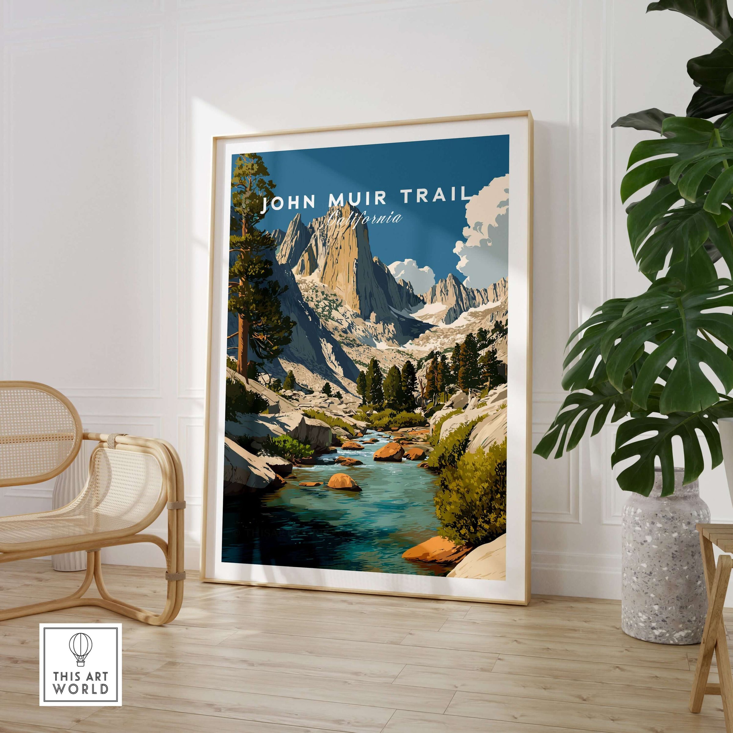 John Muir Trail California Majestic Peaks Stream Print - High Sierra Wall Art framed in a cozy living room.