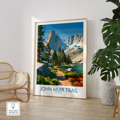 John Muir Trail California Serene Lake Wall Art - Sierra Nevada Travel Print in a modern living room setting.