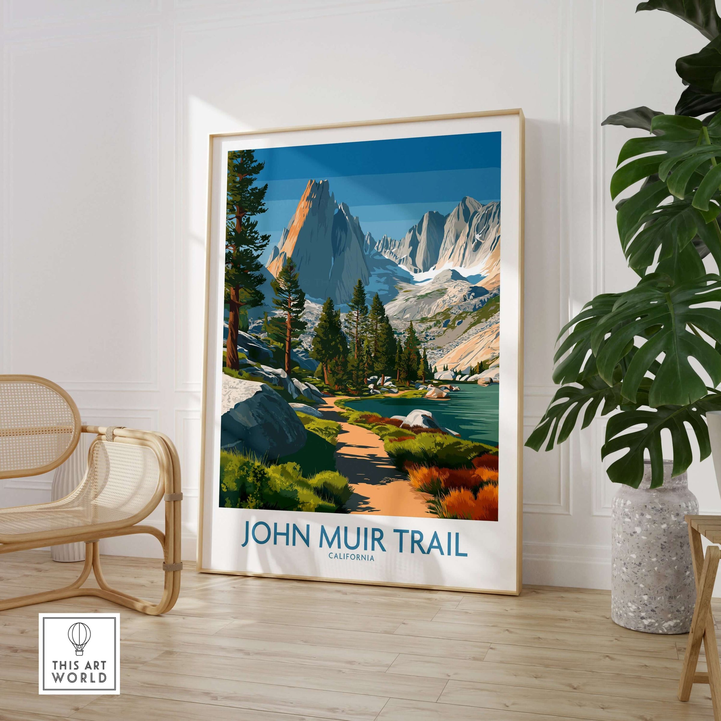 John Muir Trail California Serene Lake Wall Art - Sierra Nevada Travel Print in a modern living room setting.