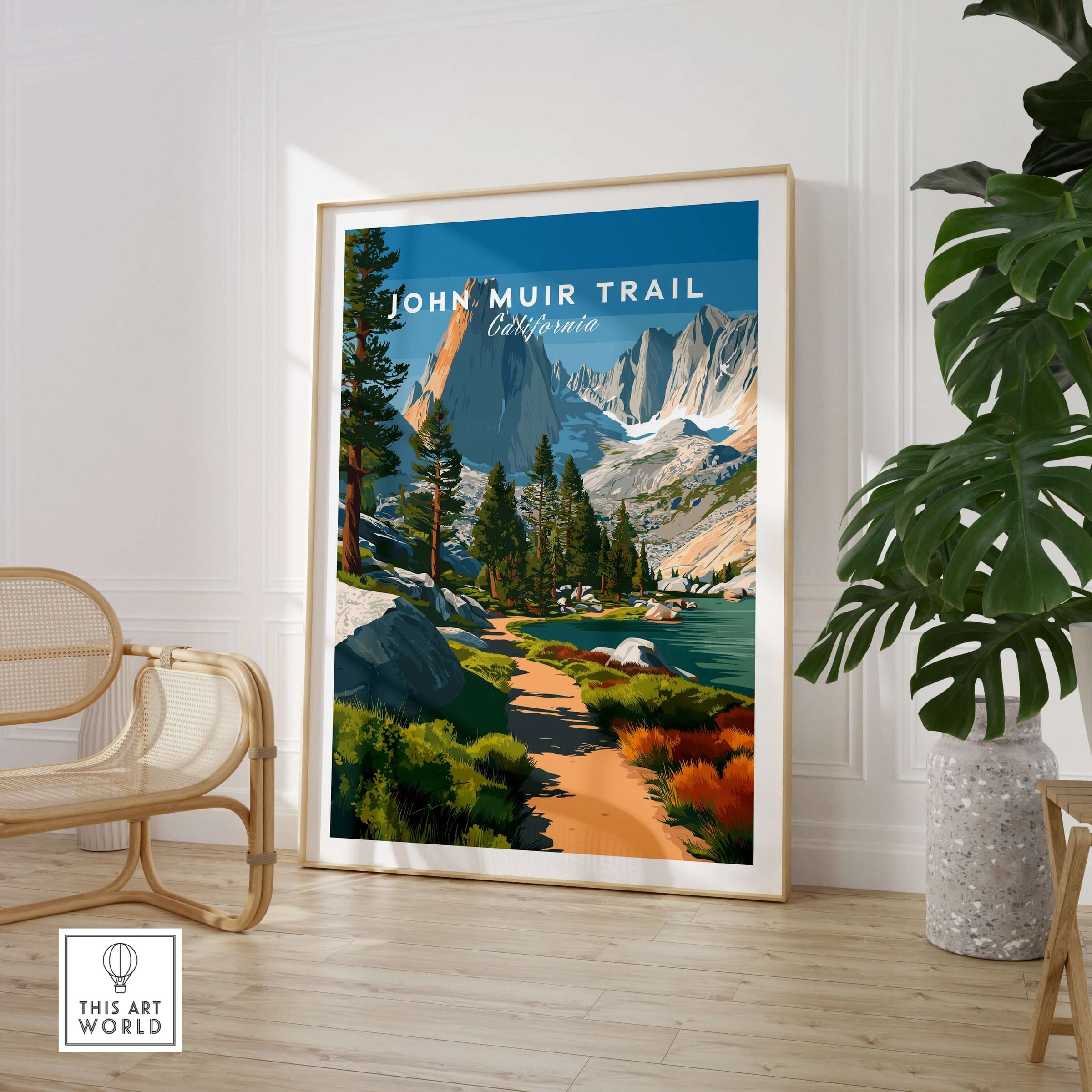 John Muir Trail California Lakeside Mountain Trail Poster - Wilderness Landscape Print displayed in a bright interior.