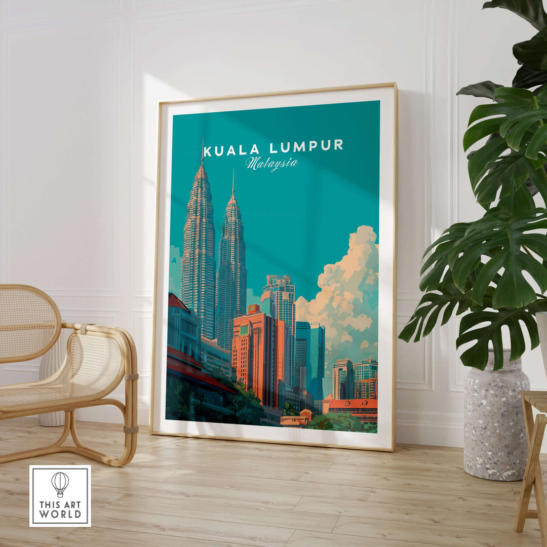 Kuala Lumpur skyline poster featuring Petronas Towers in vibrant colors, modern wall art in stylish interior setting.