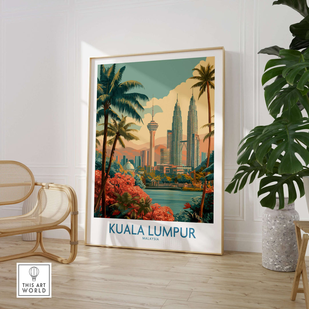 Kuala Lumpur poster featuring the skyline and palm trees, ideal for urban travel decor in Malaysia.