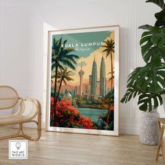 Kuala Lumpur Print Malaysia Petronas Towers & KL Tower - Cityscape Wall Art framed in a modern interior.