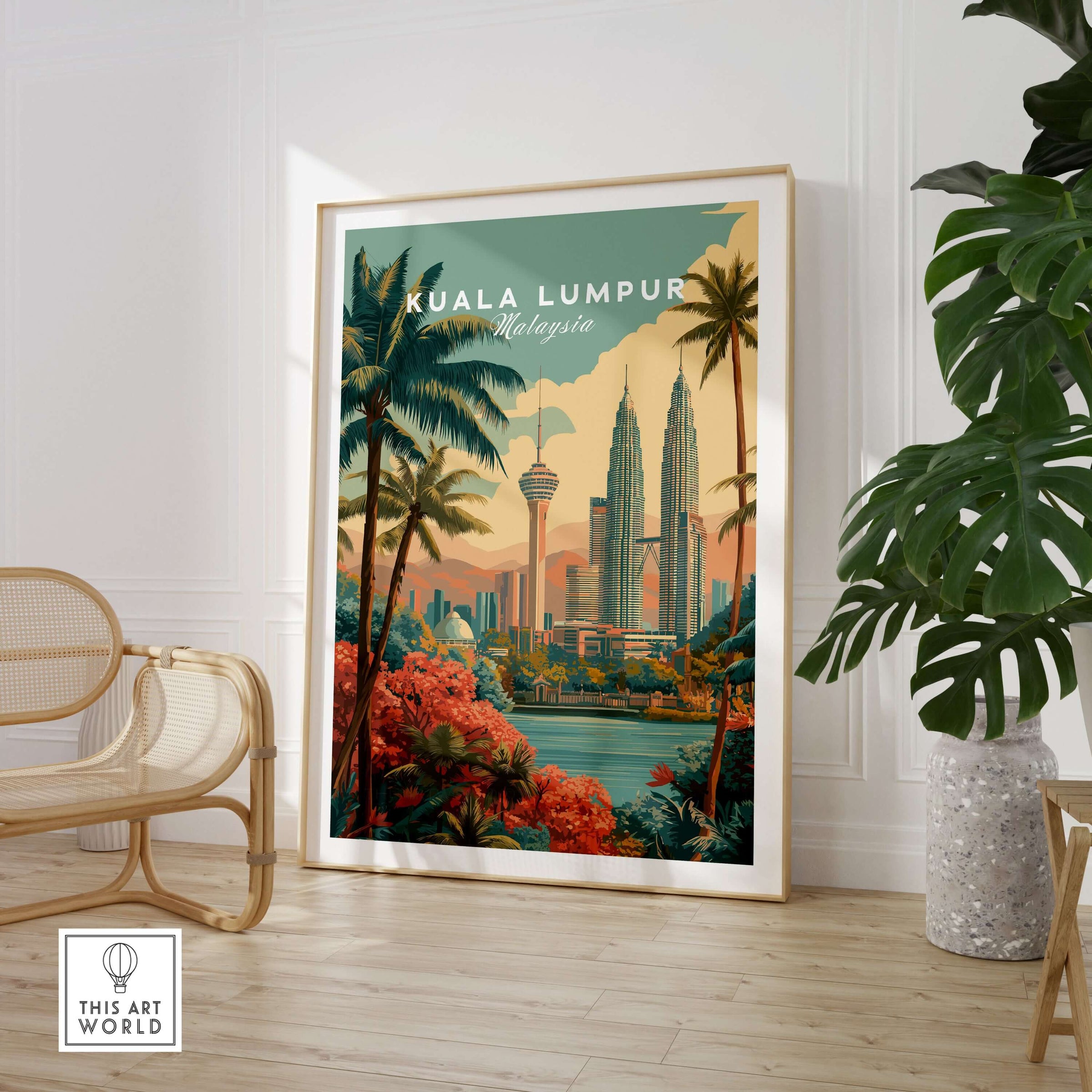 Kuala Lumpur Print Malaysia Petronas Towers & KL Tower - Cityscape Wall Art framed in a modern interior.