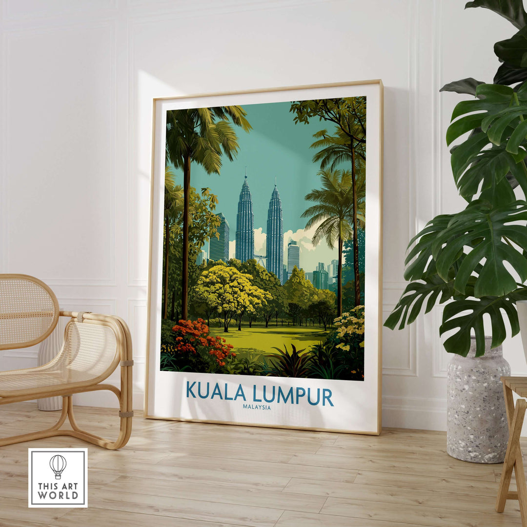 Kuala Lumpur skyline poster featuring iconic Petronas Towers with vibrant greenery and modern decor in a stylish room.