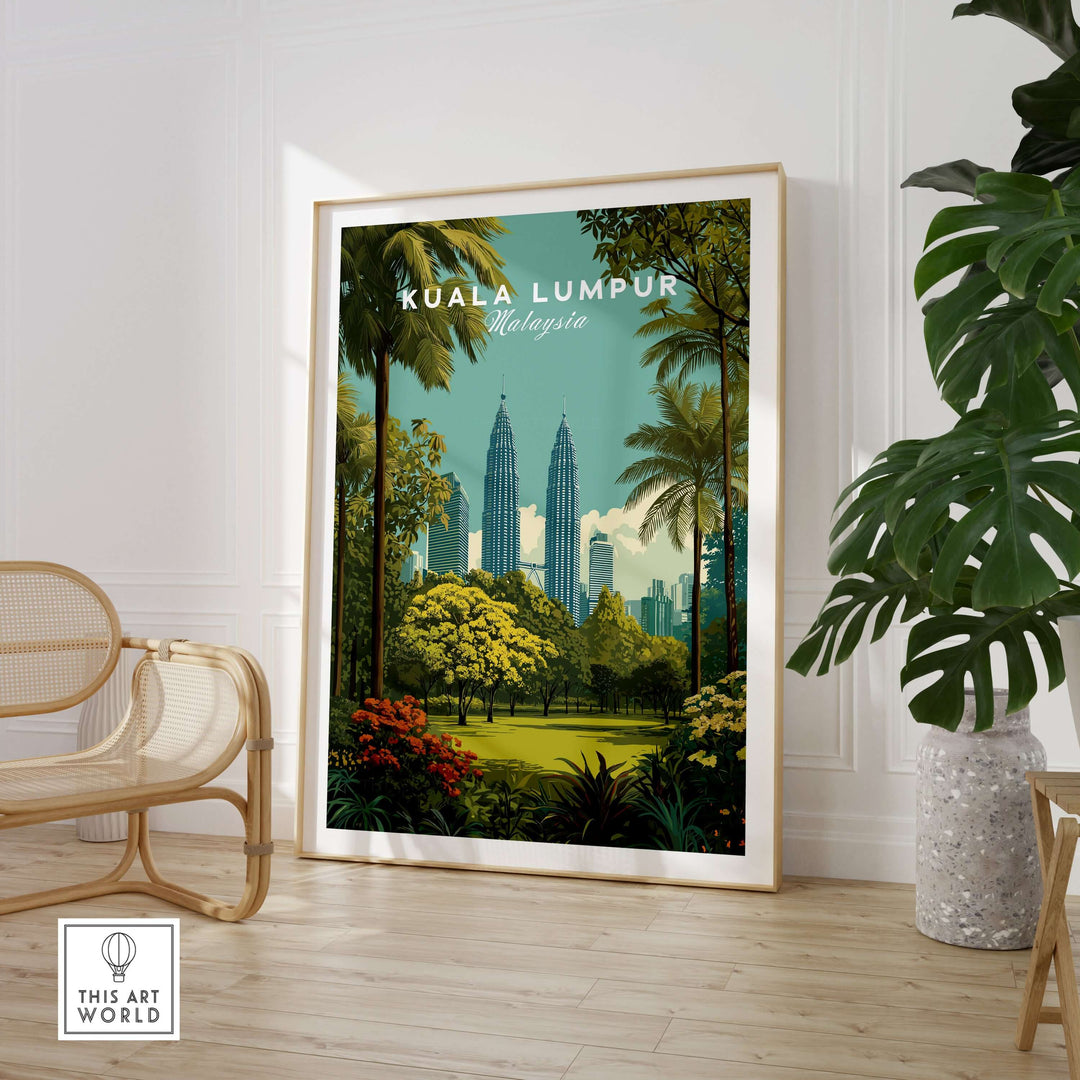 Kuala Lumpur Twin Towers garden print framed in a modern interior, showcasing urban nature and elegance.