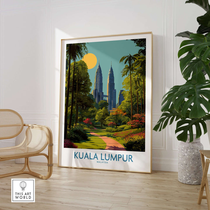 Kuala Lumpur Malaysia travel poster featuring lush greenery and modern skyscrapers in a sunny urban setting.