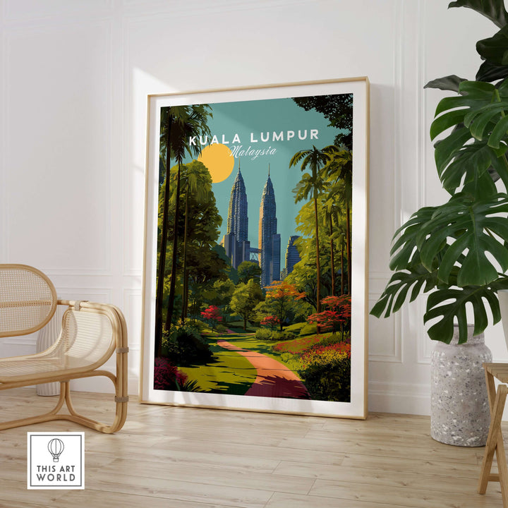 Kuala Lumpur Malaysia poster featuring Petronas Towers and lush park path, modern city wall art for elegant decor.