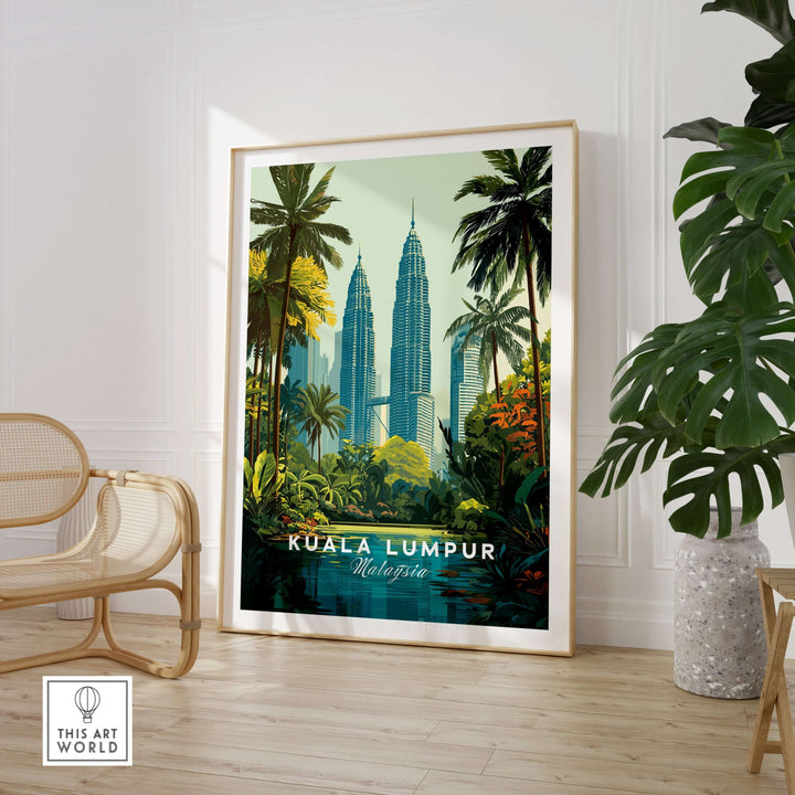 Kuala Lumpur Twin Towers print in tropical cityscape, framed in a stylish room with lush plants.