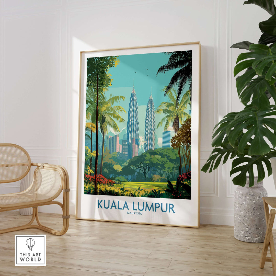 Kuala Lumpur skyline poster featuring lush greenery and iconic Petronas Towers in a modern interior decor.