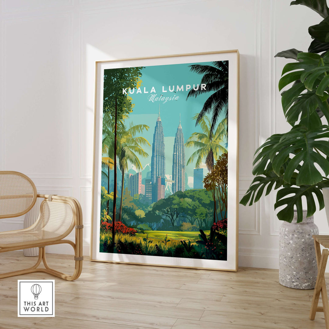 Kuala Lumpur Petronas Towers print showcasing skyscrapers and greenery in modern wall art design.