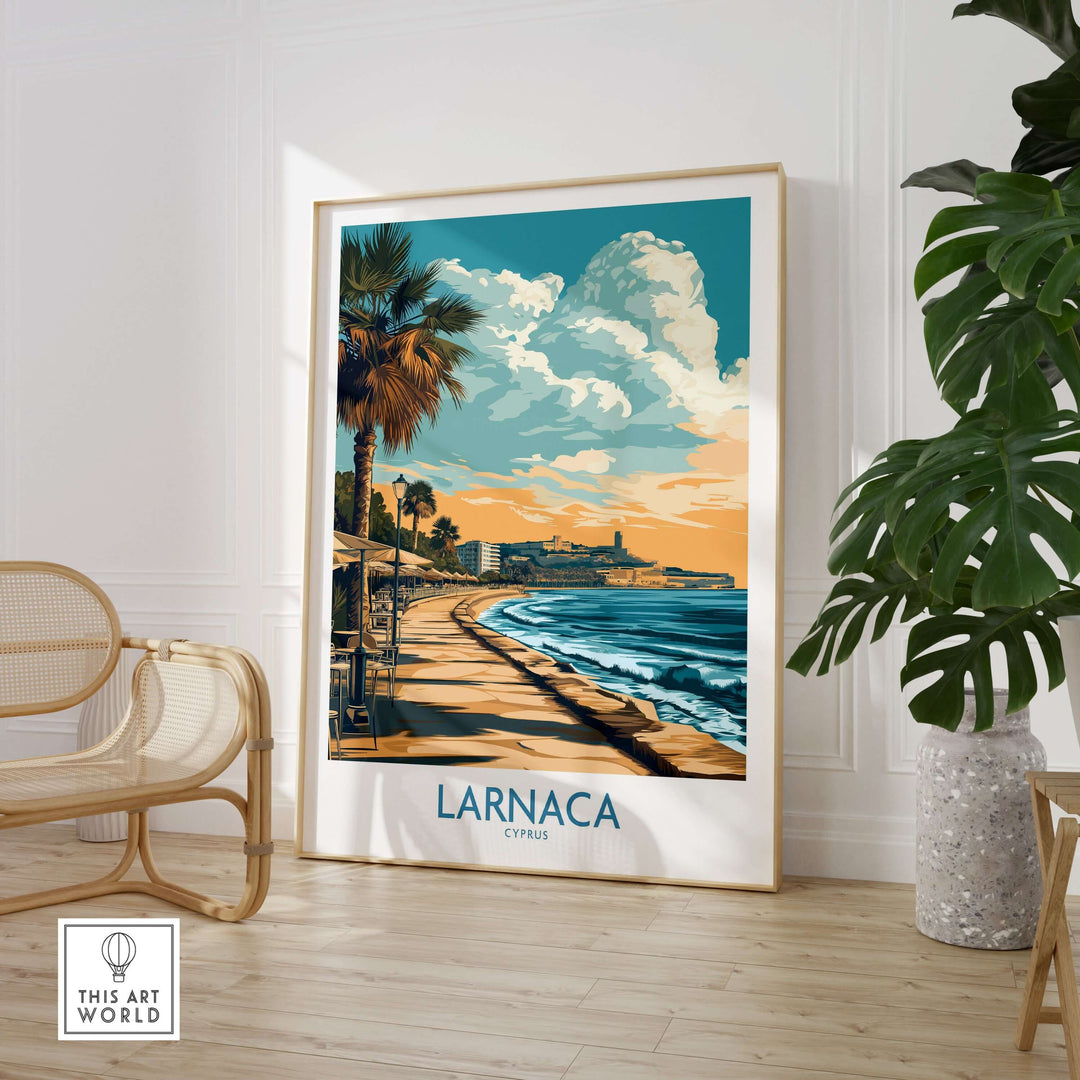 Larnaca Cyprus travel poster featuring palm trees and a sunset, bringing Mediterranean vibes to your home decor.