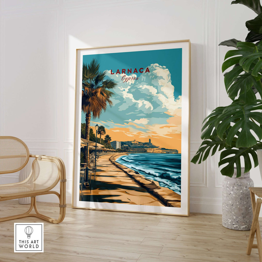 Larnaca print showcasing Cyprus beachfront promenade with vibrant colors and coastal views, ideal Mediterranean wall art.