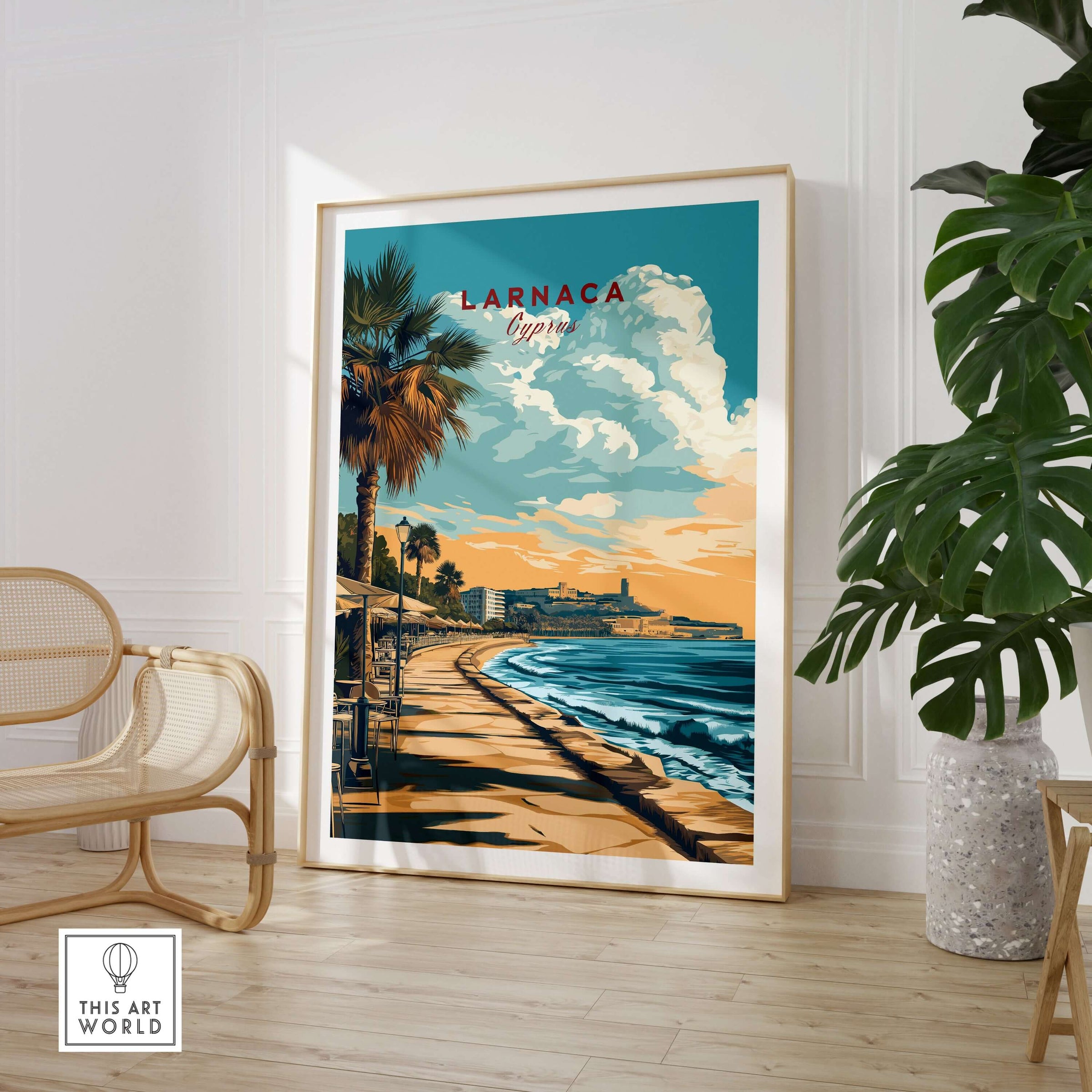 Larnaca Print Cyprus Beachfront Promenade - Mediterranean Coastal Wall Art showcased in a stylish interior setting.