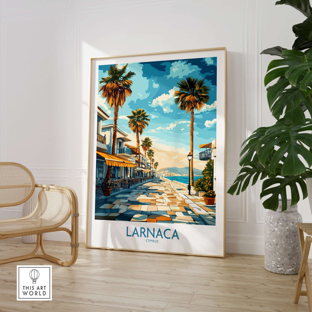 Larnaca Cyprus Finikoudes Beach wall art featuring palm trees and seaside ambiance in a stylish interior setting.