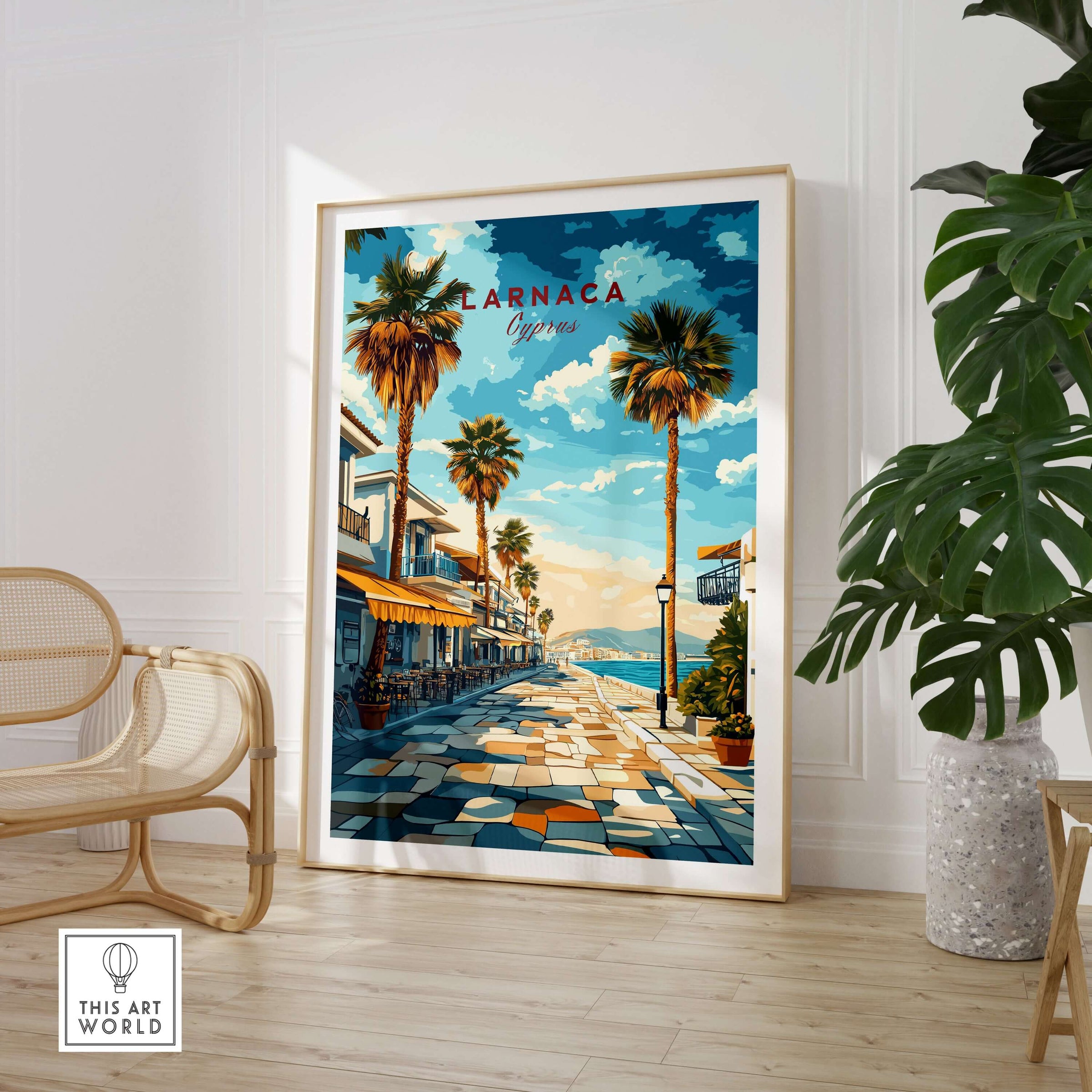 Larnaca Cyprus Poster - Travel Print showcasing a sunny coastal scene with palm trees and vibrant colors.
