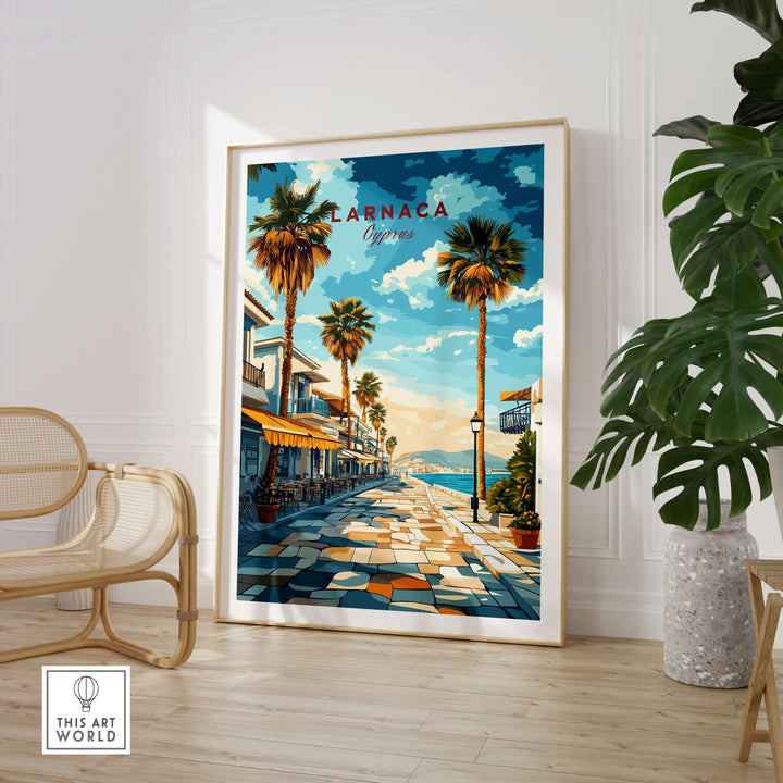 Larnaca Cyprus travel poster showcasing a coastal street with palm trees and vibrant colors, adding charm to any space.