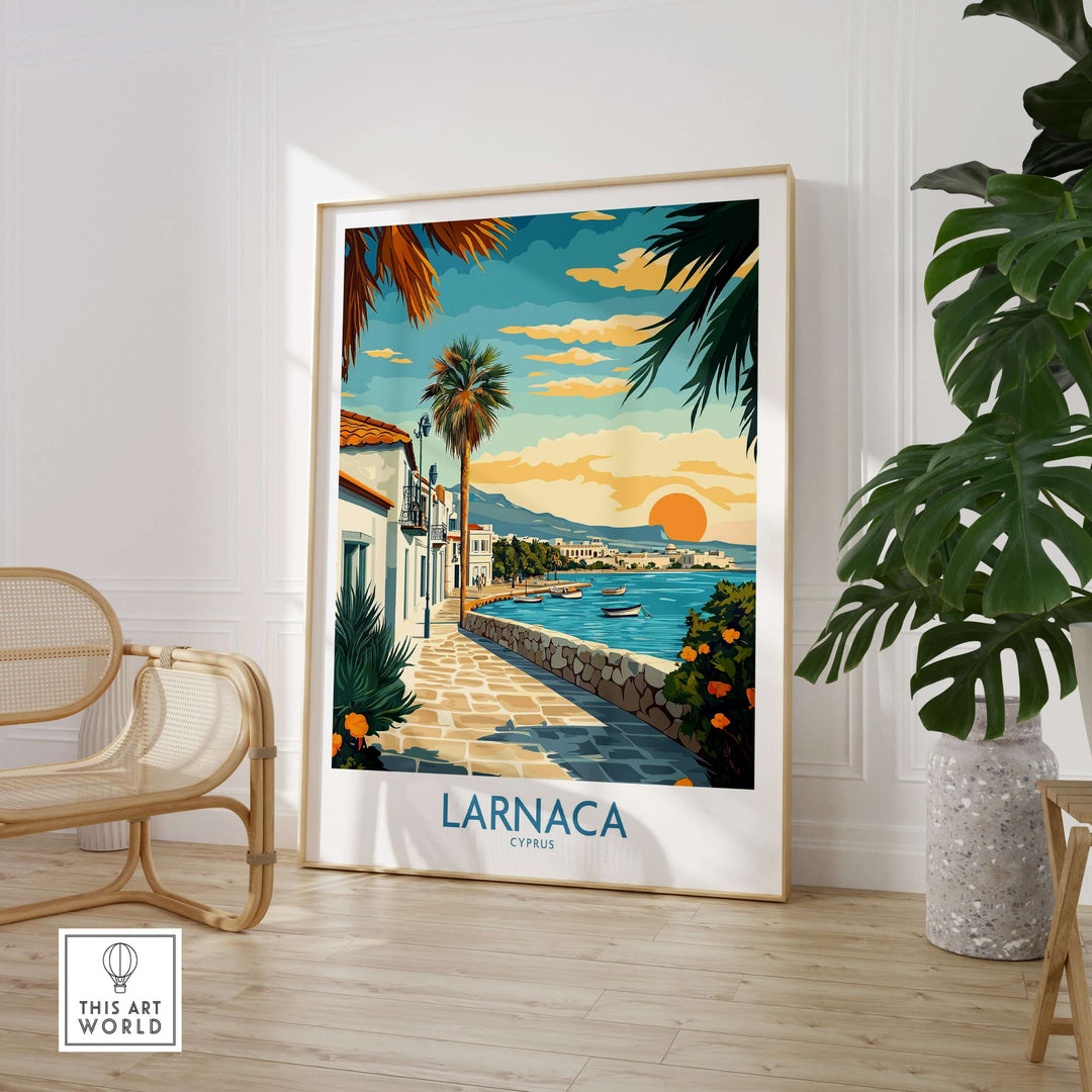 Larnaca Cyprus travel poster showcasing coastal views and vibrant culture in a stylish interior setting.