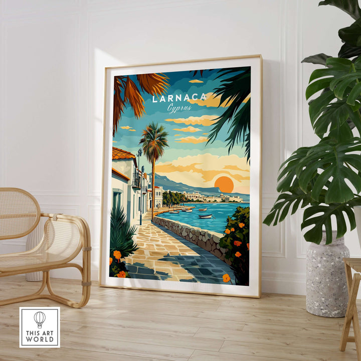 Larnaca Cyprus sunset print poster featuring vibrant coastal seascape and warm hues in an elegant interior setting.