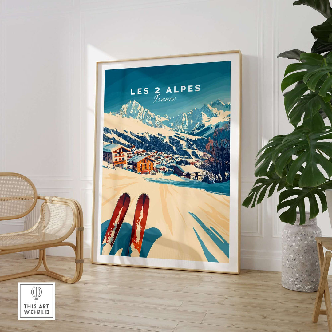 Vibrant Les 2 Alpes Art Ski Print featuring snowy mountains and skis, perfect for enhancing ski-themed decor.