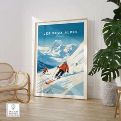 Les Deux Alpes travel poster featuring skiers on snowy slopes, perfect for home decor and ski enthusiasts.
