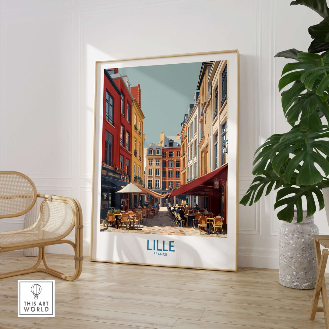 Lille France cafe culture poster showcasing colorful buildings and outdoor seating, perfect for travel decor.