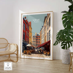 Lille France Print Street Scene - Historic City Center Wall Art featuring vibrant cafes and historic buildings.