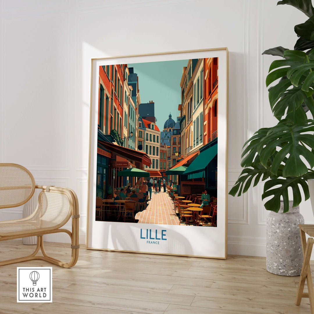 Lille France wall art depicting a charming cityscape with colorful buildings and outdoor cafes.