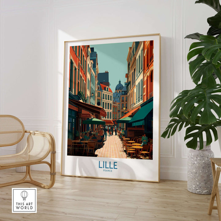 Lille France wall art depicting a charming cityscape with colorful buildings and outdoor cafes.