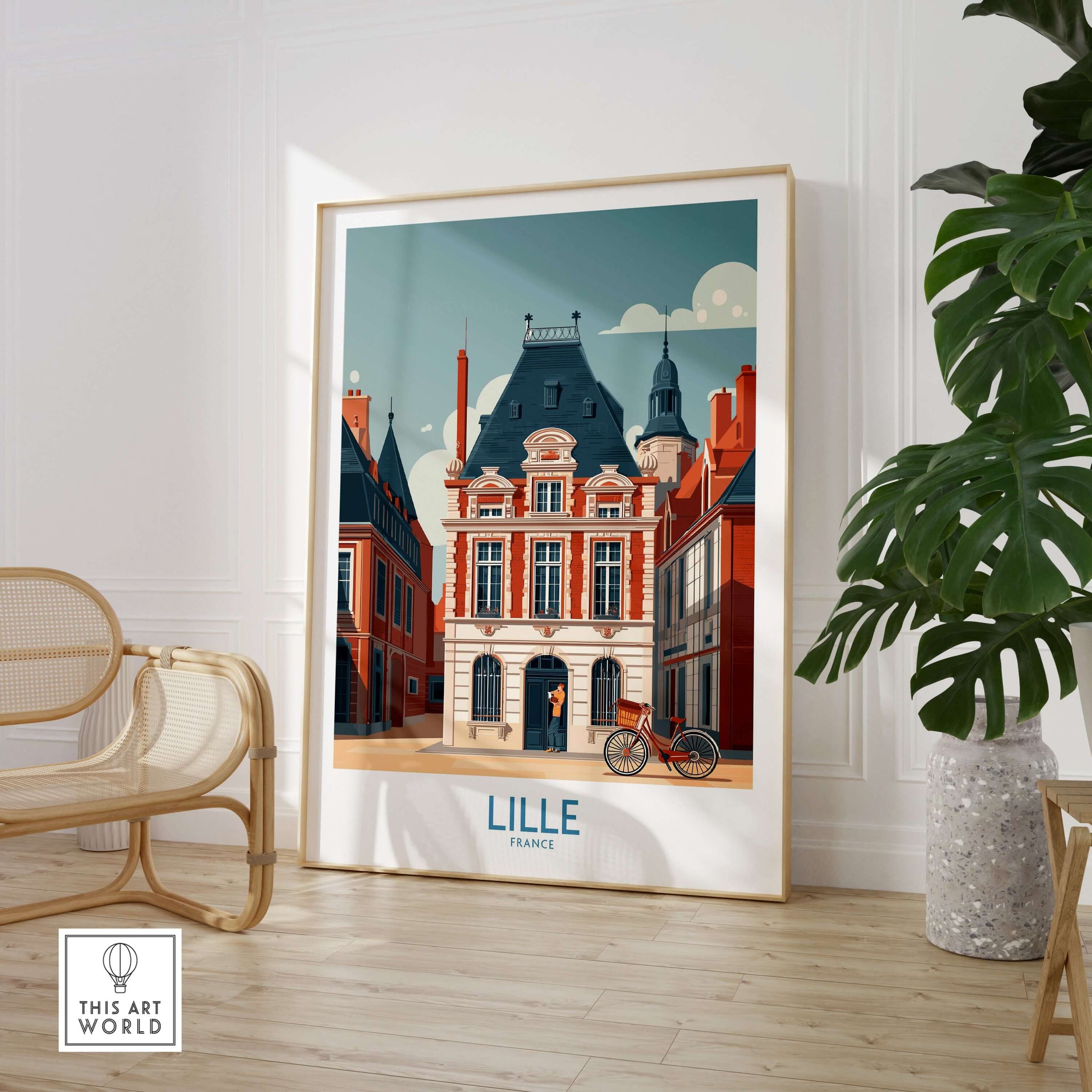 Lille France Poster - Charming European City Scene displayed in modern interior setting with green plants.