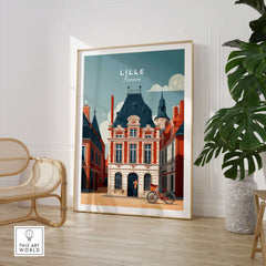 Lille France Print - Historic City Architecture Wall Art framed in a stylish interior setting with plants nearby.