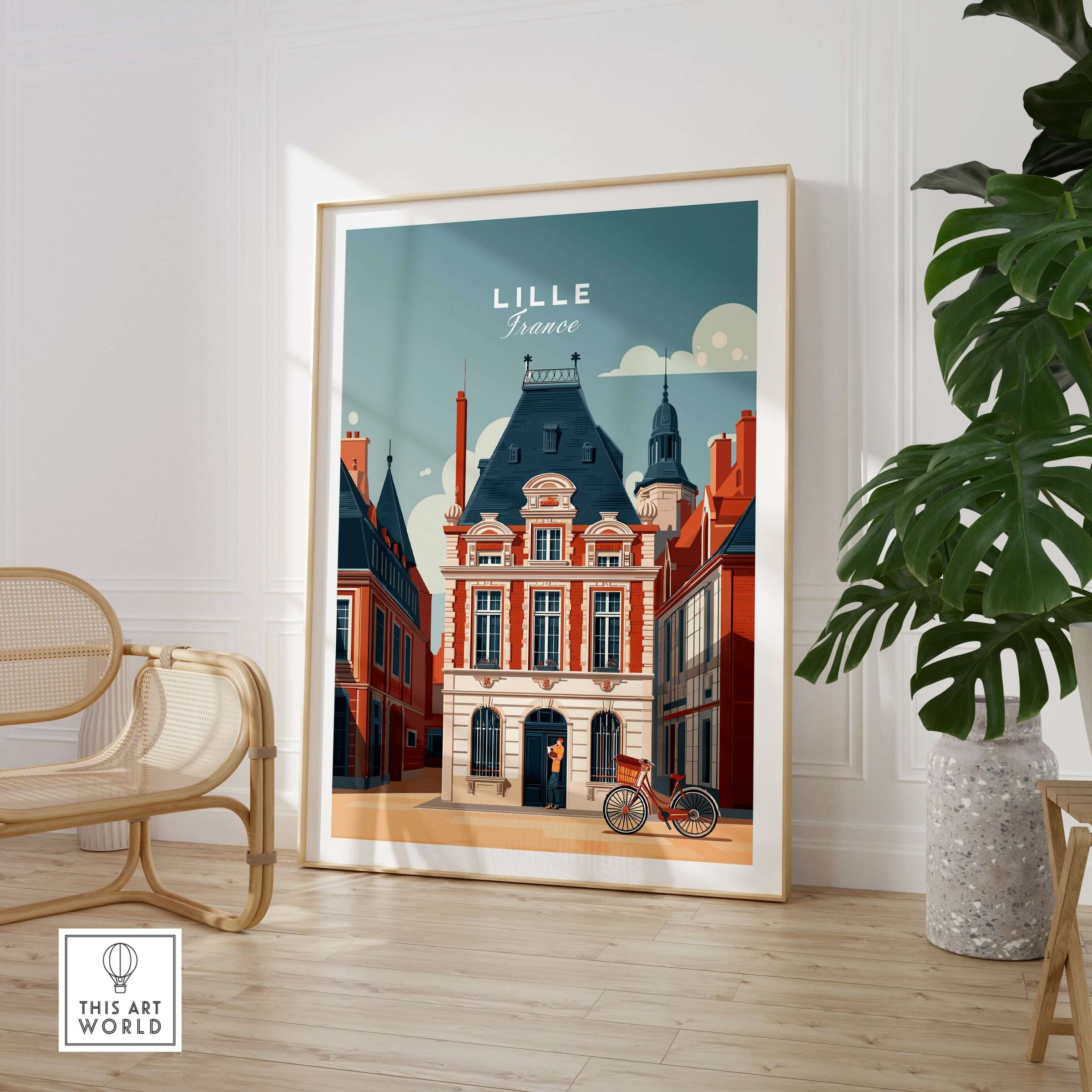 Lille France Print - Historic City Architecture Wall Art framed in a stylish interior setting with plants nearby.