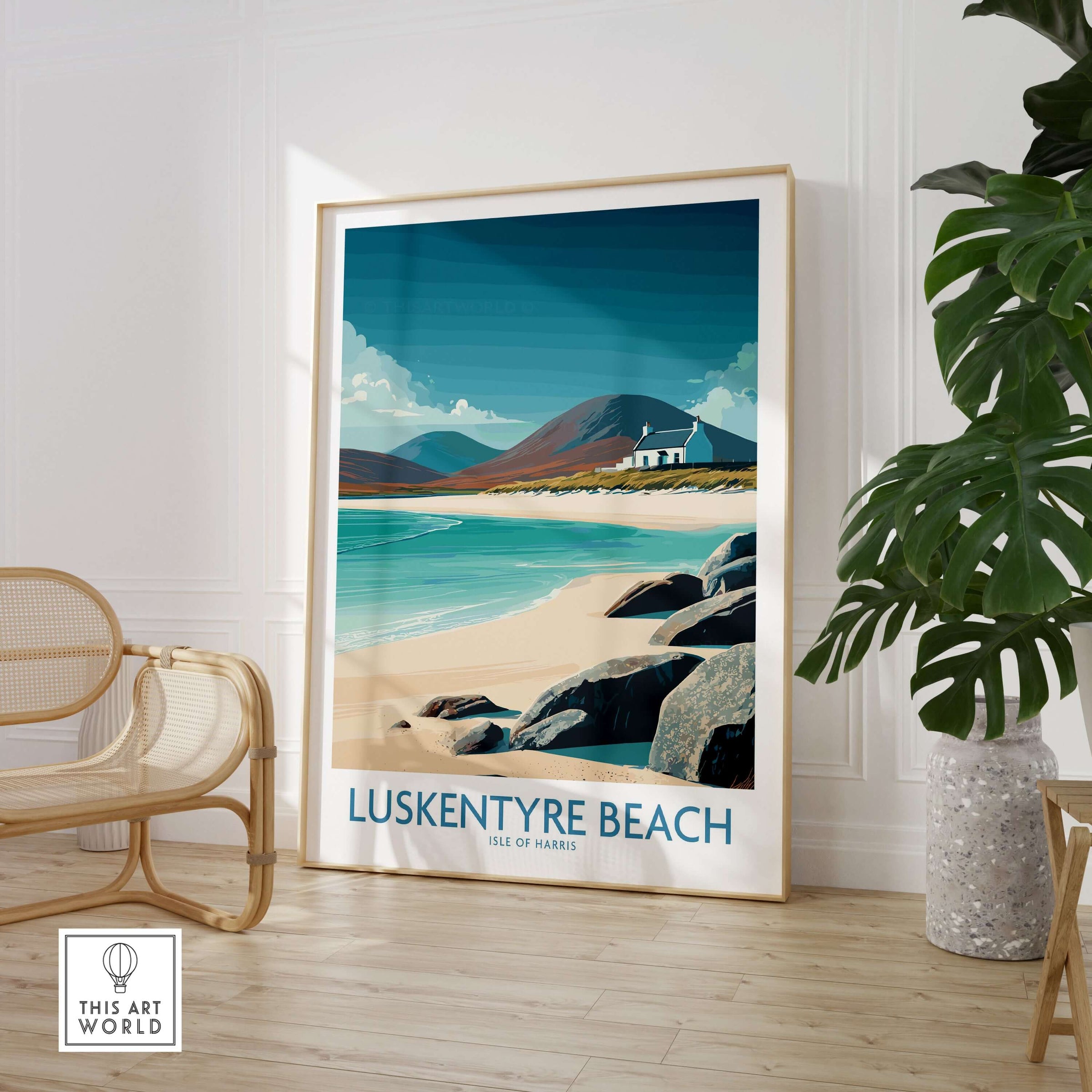 Luskentyre Beach Isle of Harris Wall Art Turquoise Water Seascape Poster - Hebridean Travel Print in a modern interior setting.