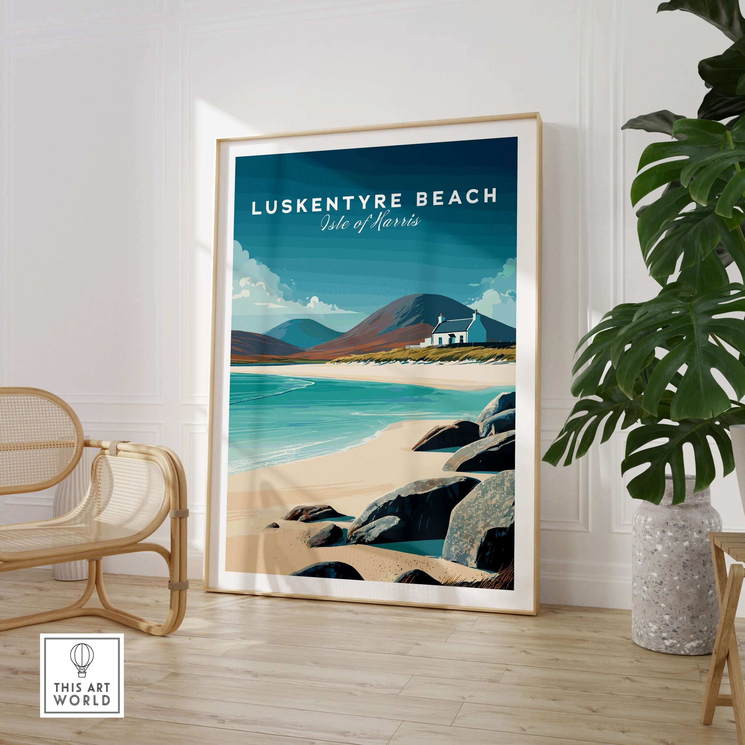 Luskentyre Beach Print Isle of Harris White Sand Coastal Poster - Scottish Island Wall Art displayed in a stylish living room.