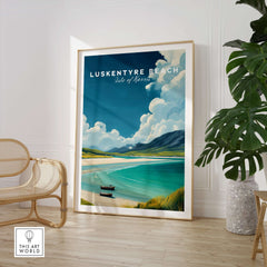Luskentyre Beach Print Isle of Harris Print - Scottish Coastal Landscape Poster showcased in a stylish interior setting.