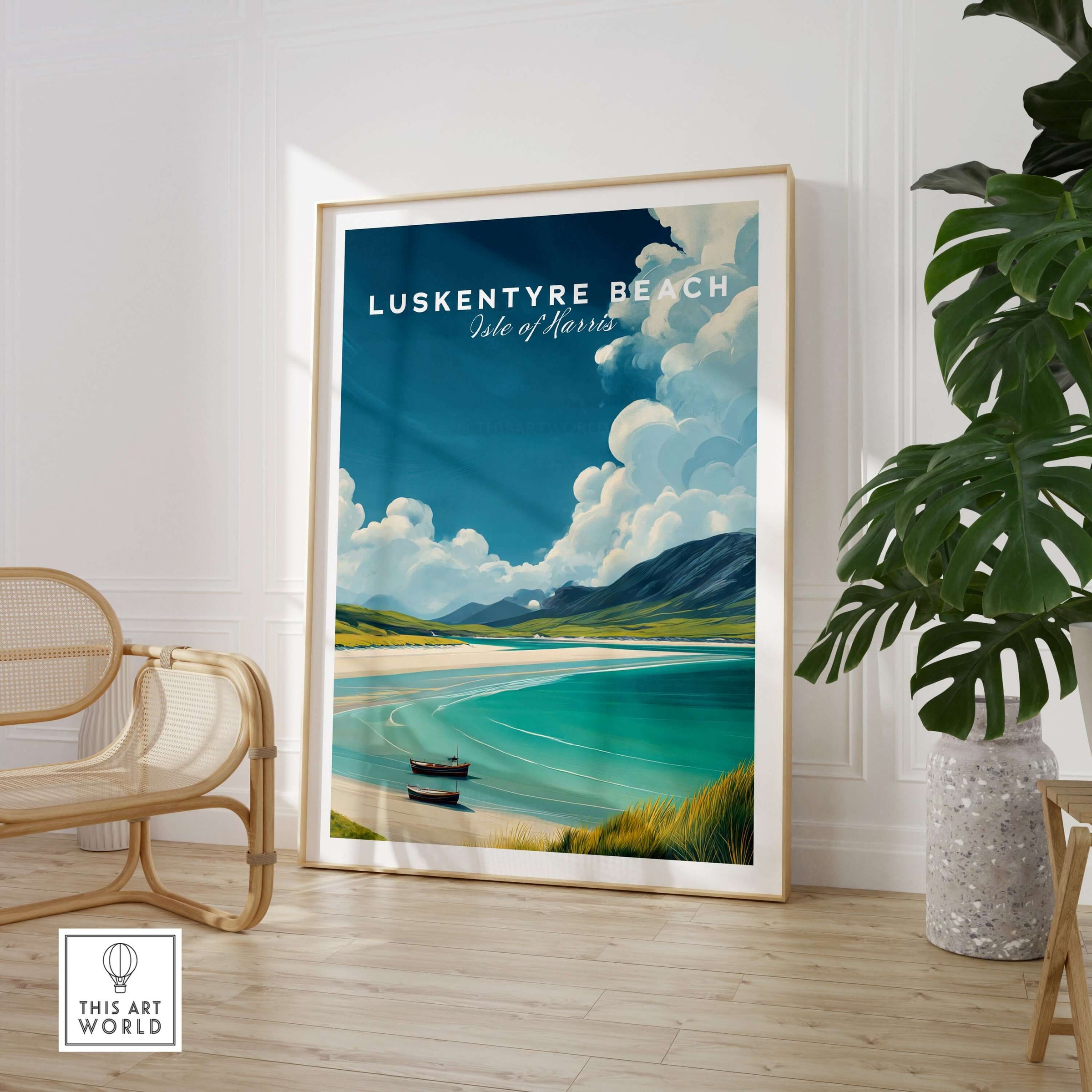 Luskentyre Beach Print Isle of Harris Print - Scottish Coastal Landscape Poster showcased in a stylish interior setting.