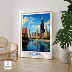 Chicago wall art print featuring a vibrant skyline and river reflection, perfect for home decor.