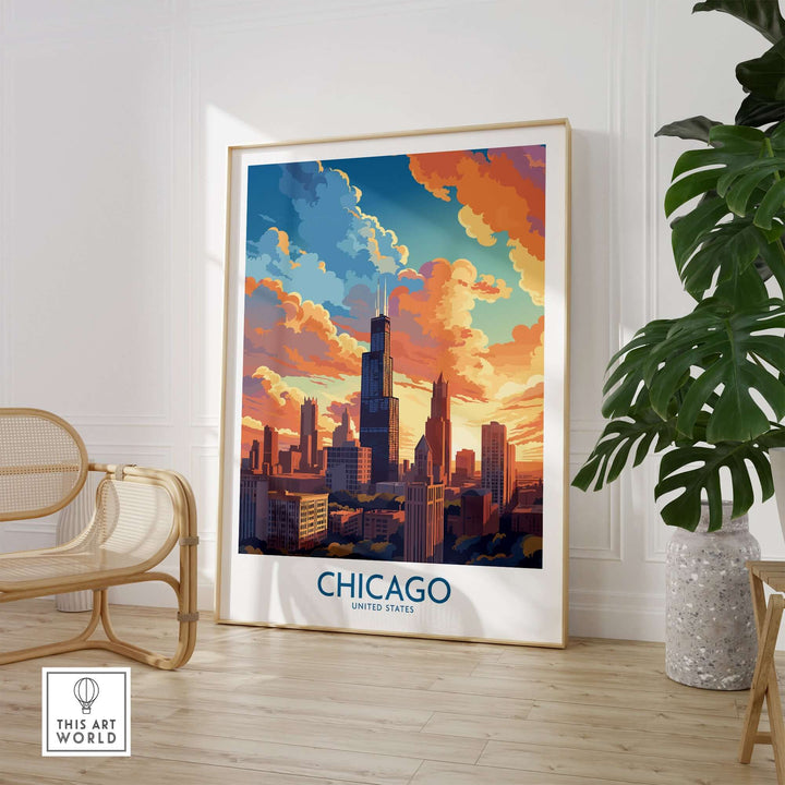 Chicago travel poster showcasing skyline at sunset, perfect for home decor and memorable gifts for travelers.
